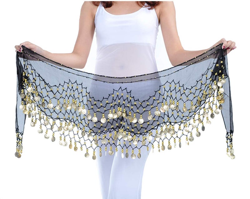 Lauthen.S 128 Coins Belly Dance Hip Scarf Tribal Belt Halloween Genie Costume Accessory Black - Image 3
